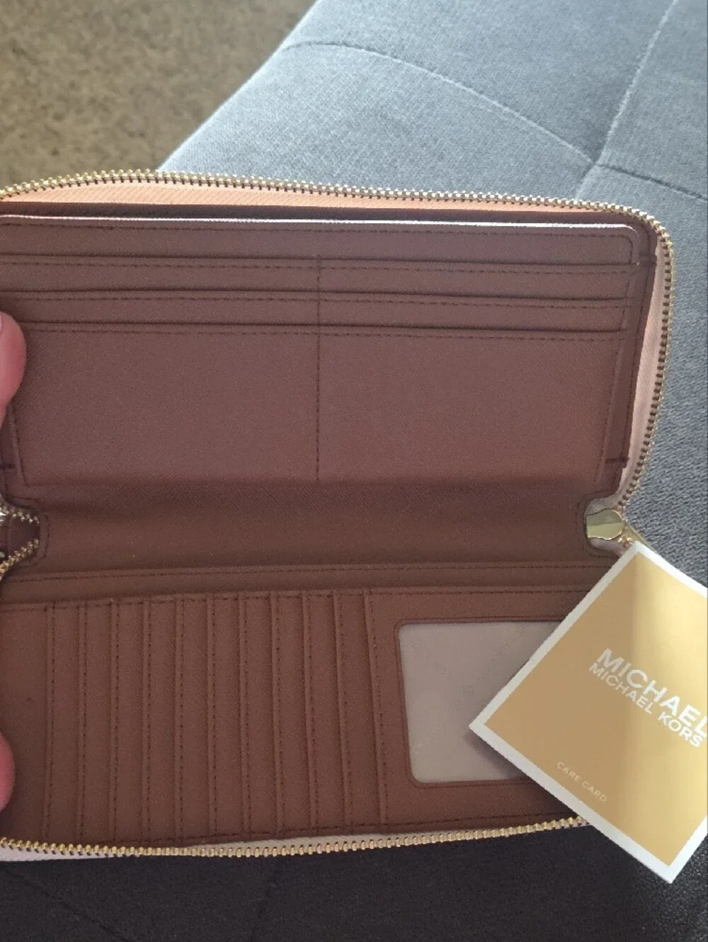 Michael Kors Beige Logo Zip-Around Wristlet with Brown Strap